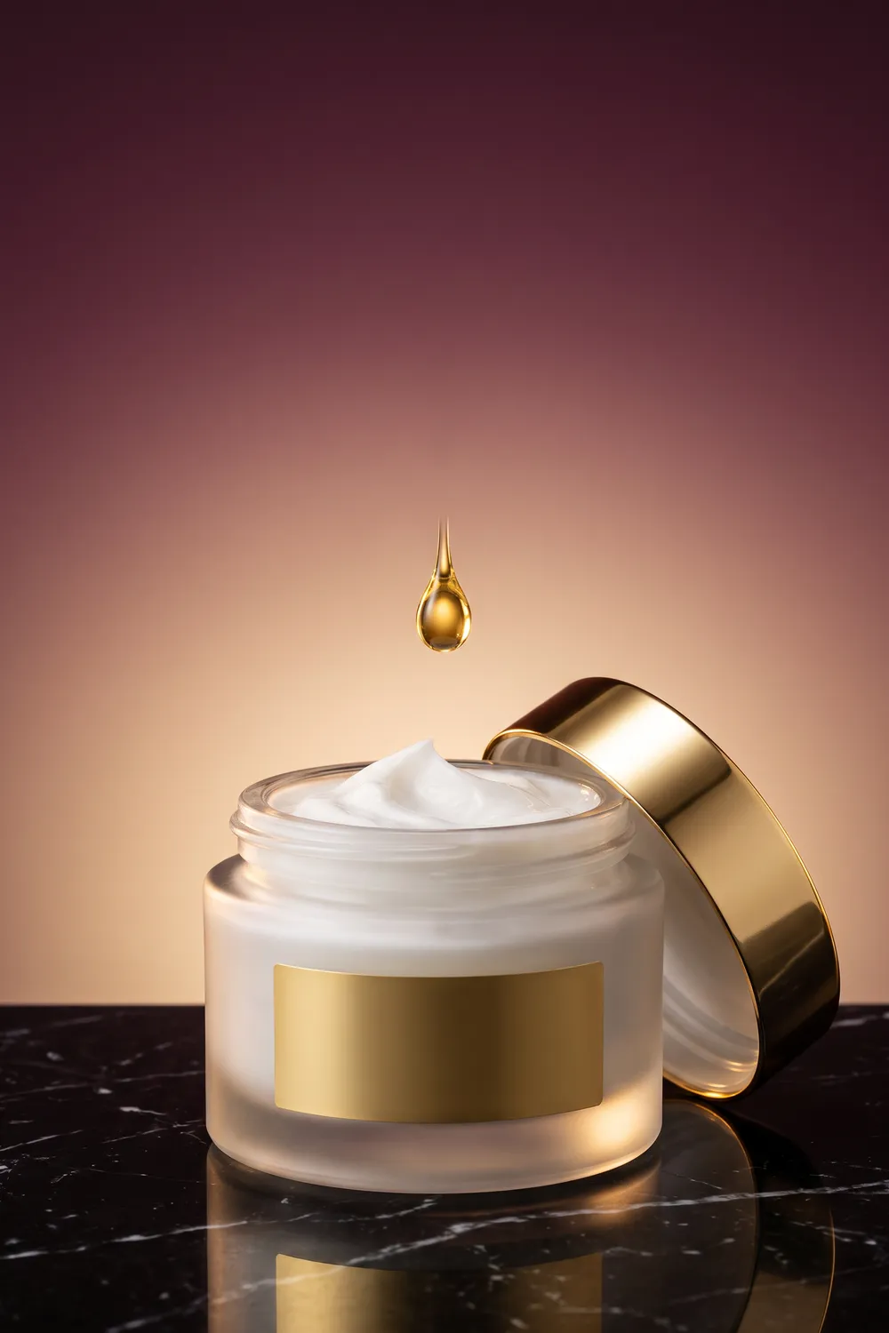 An unbranded luxury skincare collection, a frosted glass cream jar with a gold lid, an amber dropper bottle, a pearl eye cream and a gold tube on black marble against a deep plum backdrop