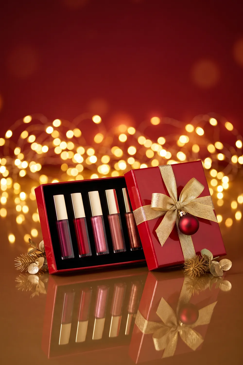 An unbranded set of mini lipsticks and lip glosses in reds, roses and nudes inside a glossy red box with clear compartments, tied with gold ribbon, with loose glosses and gold ornaments on a reflective red surface
