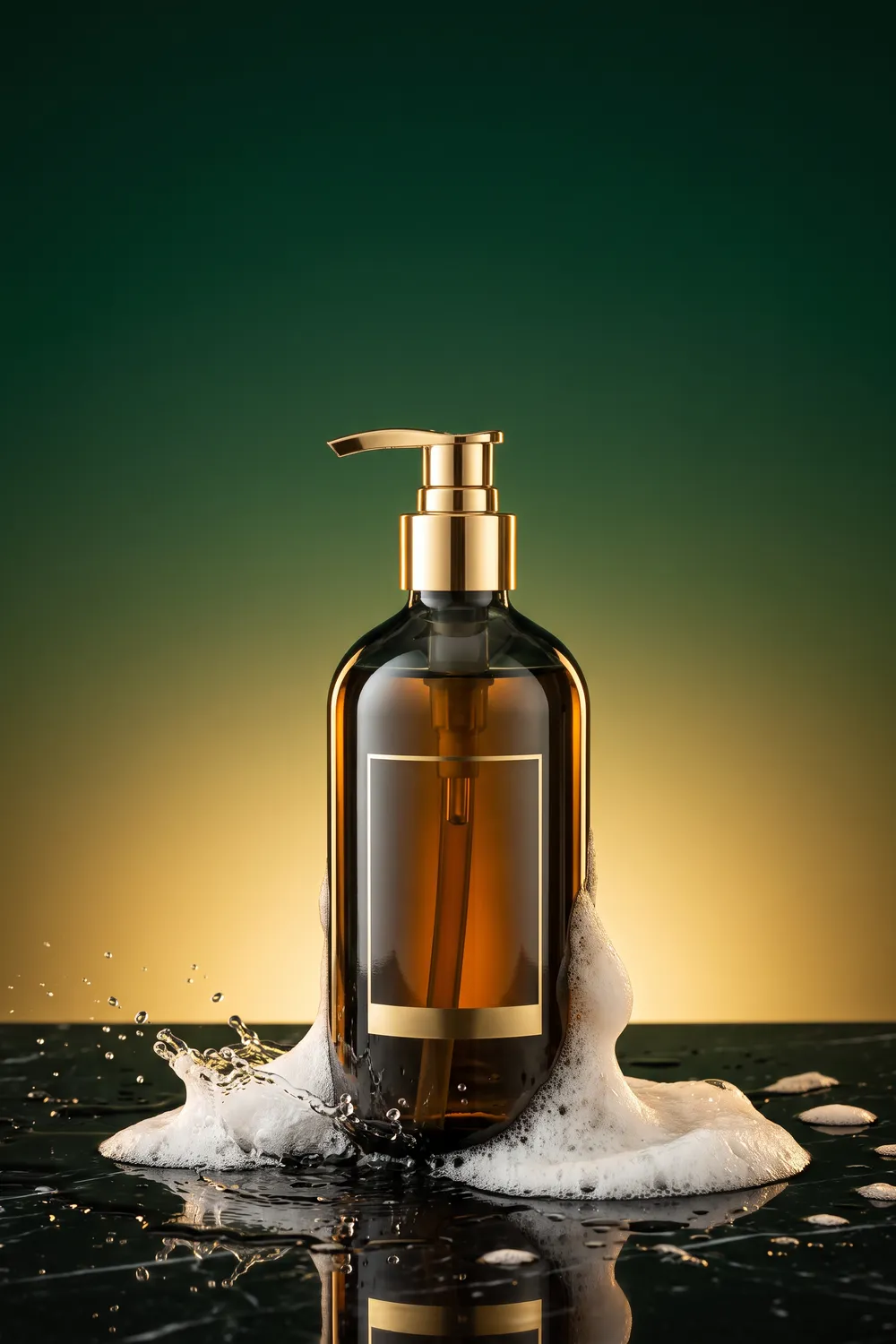 Three unbranded body wash bottles in smoked amber glass, frosted white glass and brushed gold on a black marble ledge against a deep emerald backdrop, with a ribbon of golden shower gel, bubbles and a sprig of orange blossom