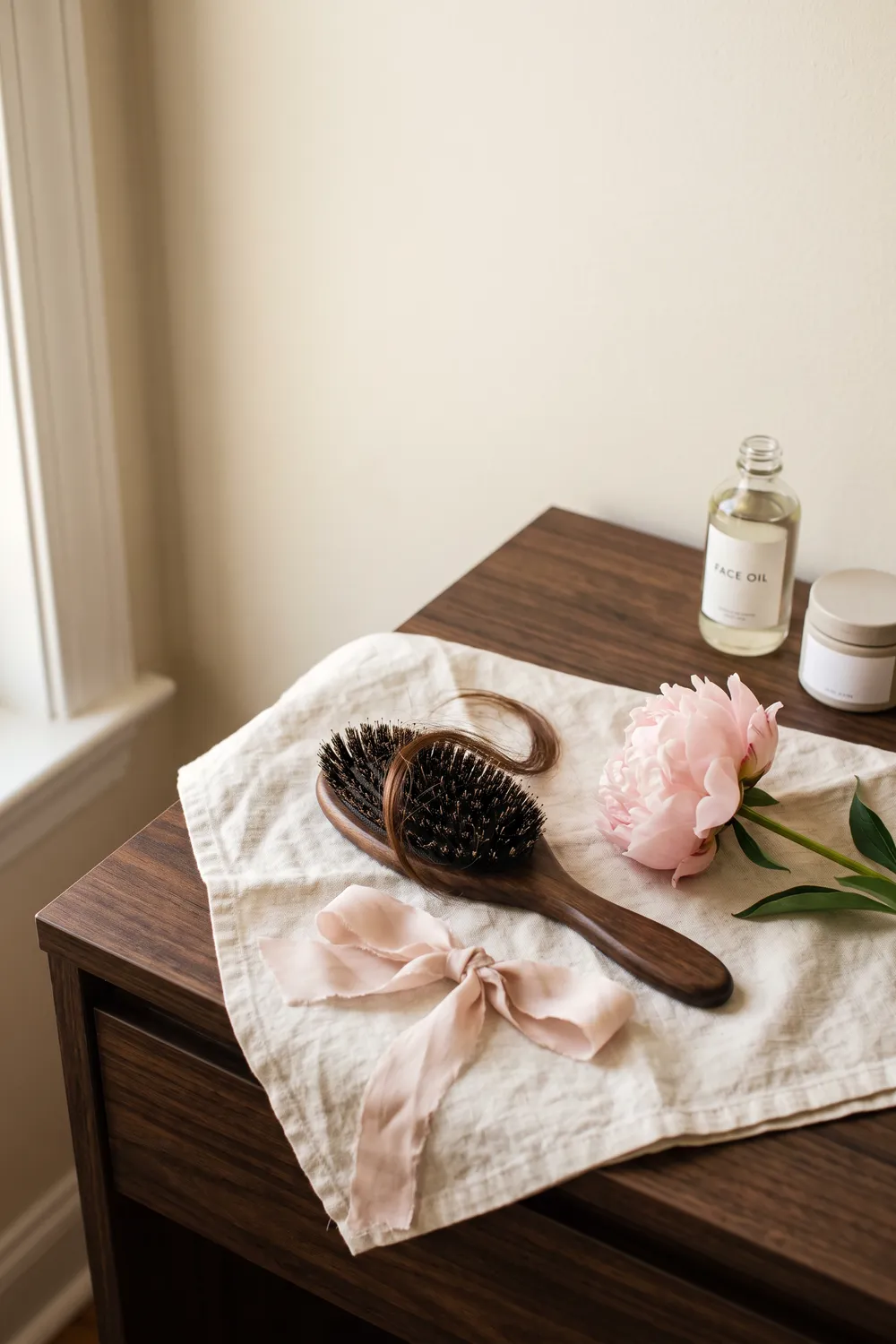 Three unbranded heritage hair brushes on cream linen on a dark walnut vanity: an oval rubber-cushion boar bristle brush, a polished wooden paddle brush and a small pocket brush, beside a silk scrunchie and an unlabeled crystal perfume bottle