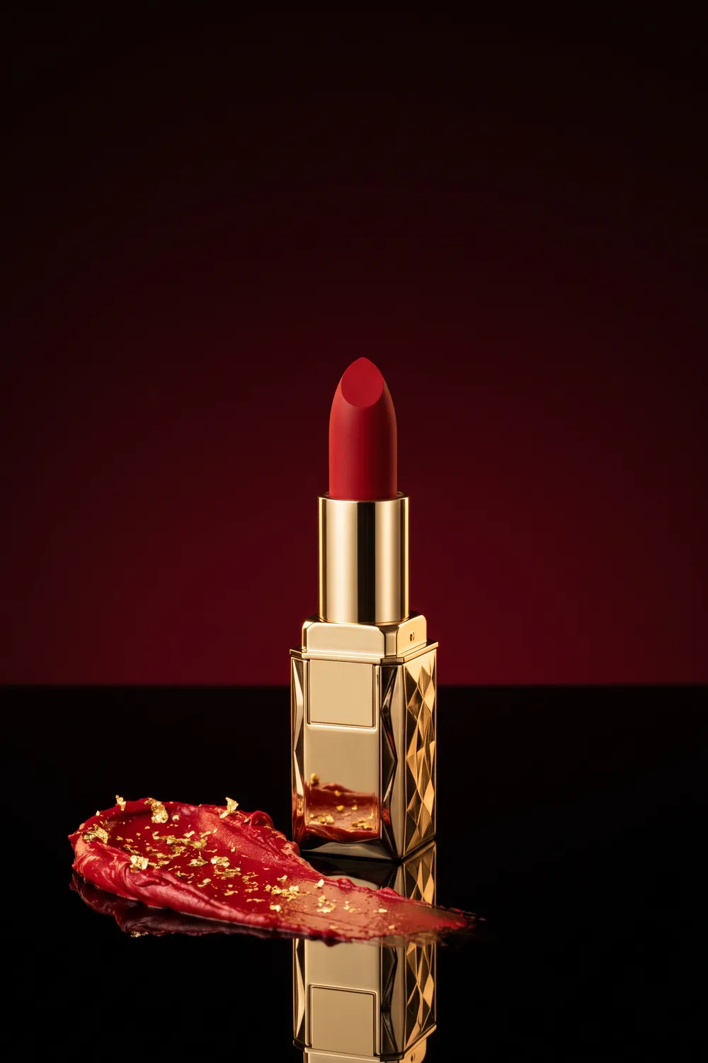 Five open unbranded luxury lipsticks in gold and black lacquer cases with red, rose, berry and nude bullets on glossy black glass against a deep oxblood backdrop