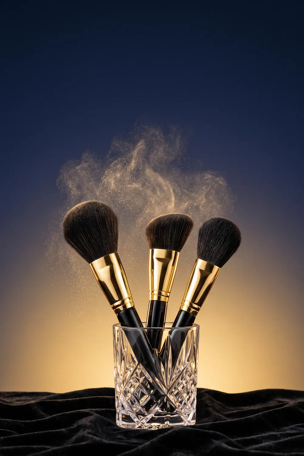 Unbranded luxury makeup brushes with black lacquer handles and gold ferrules fanned out on black velvet, with bronze powder drifting off one brush against a deep navy backdrop