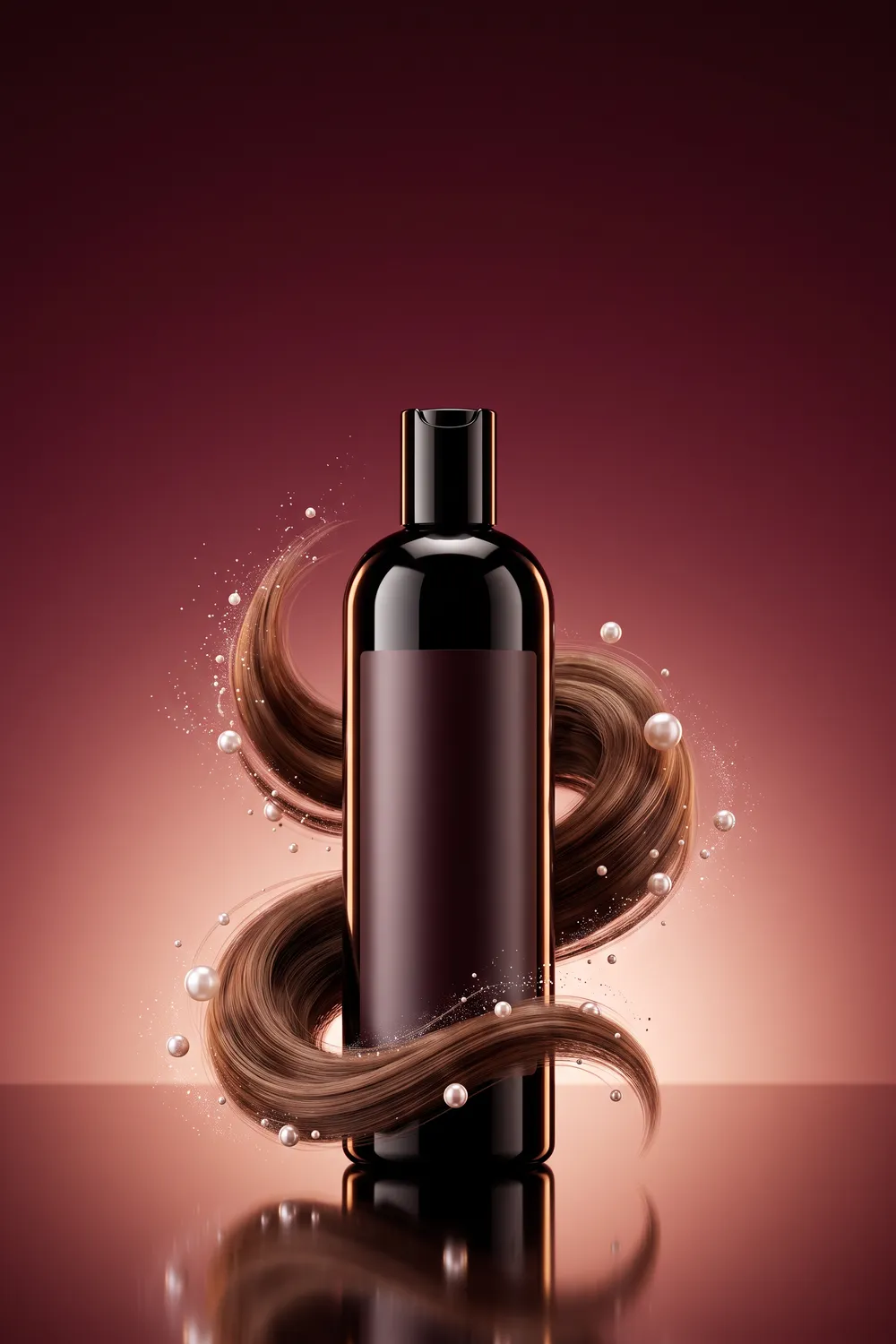 Unbranded shampoo and conditioner bottles in glossy black, cream and rose gold on a reflective surface against a deep burgundy backdrop, with a silky wave of pearly shampoo and a ribbon of glossy chestnut hair