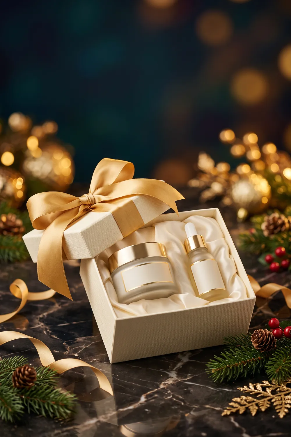 An open black gift box lined with cream satin holding an unbranded frosted cream jar with a gold lid, an amber serum dropper and a pearl eye cream, with gold ribbon, pine sprigs and gold ornaments on dark marble