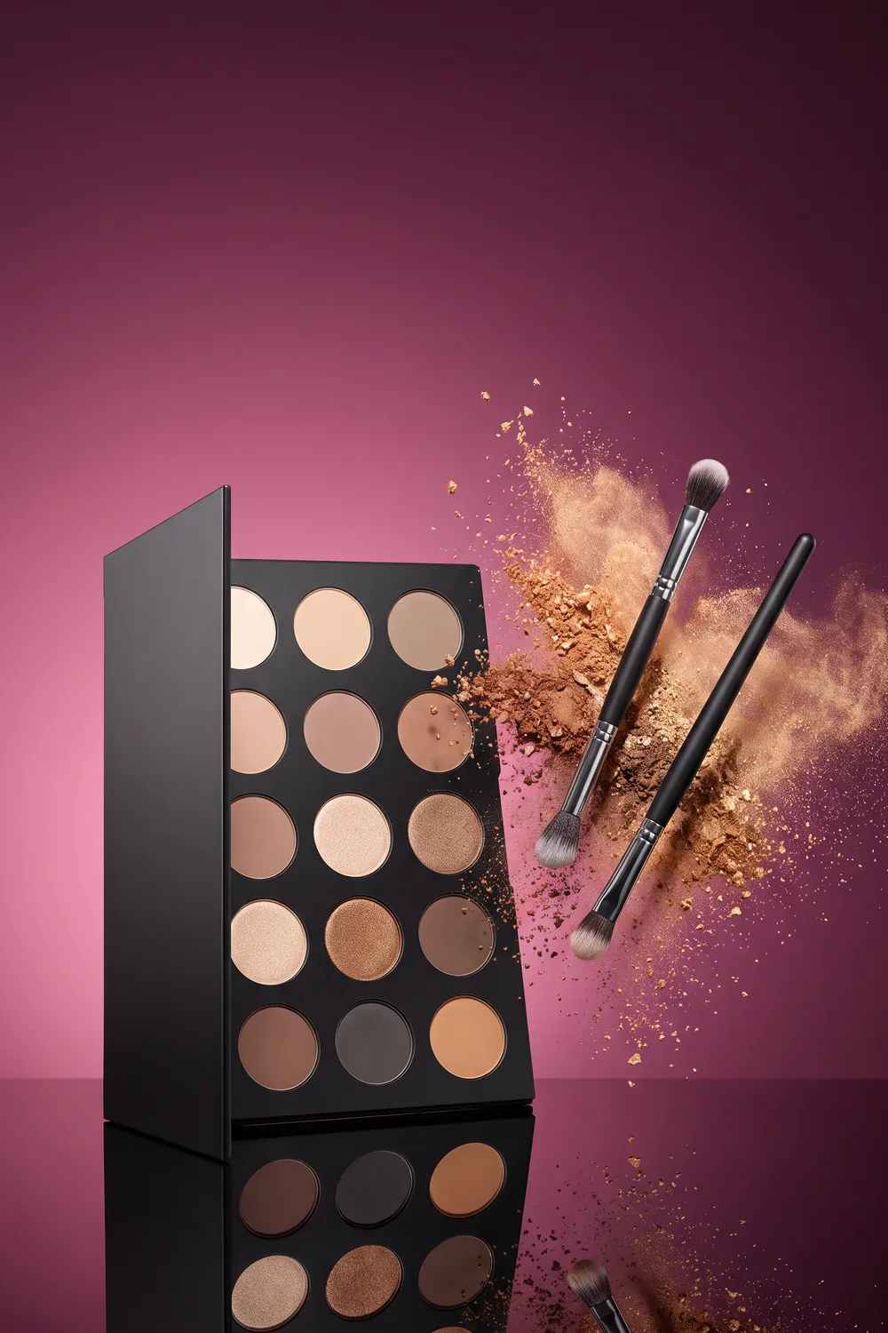 Three open unbranded eyeshadow palettes in cream, taupe, caramel and chocolate shades with a burst of bronze pigment and floating brushes on a terracotta backdrop