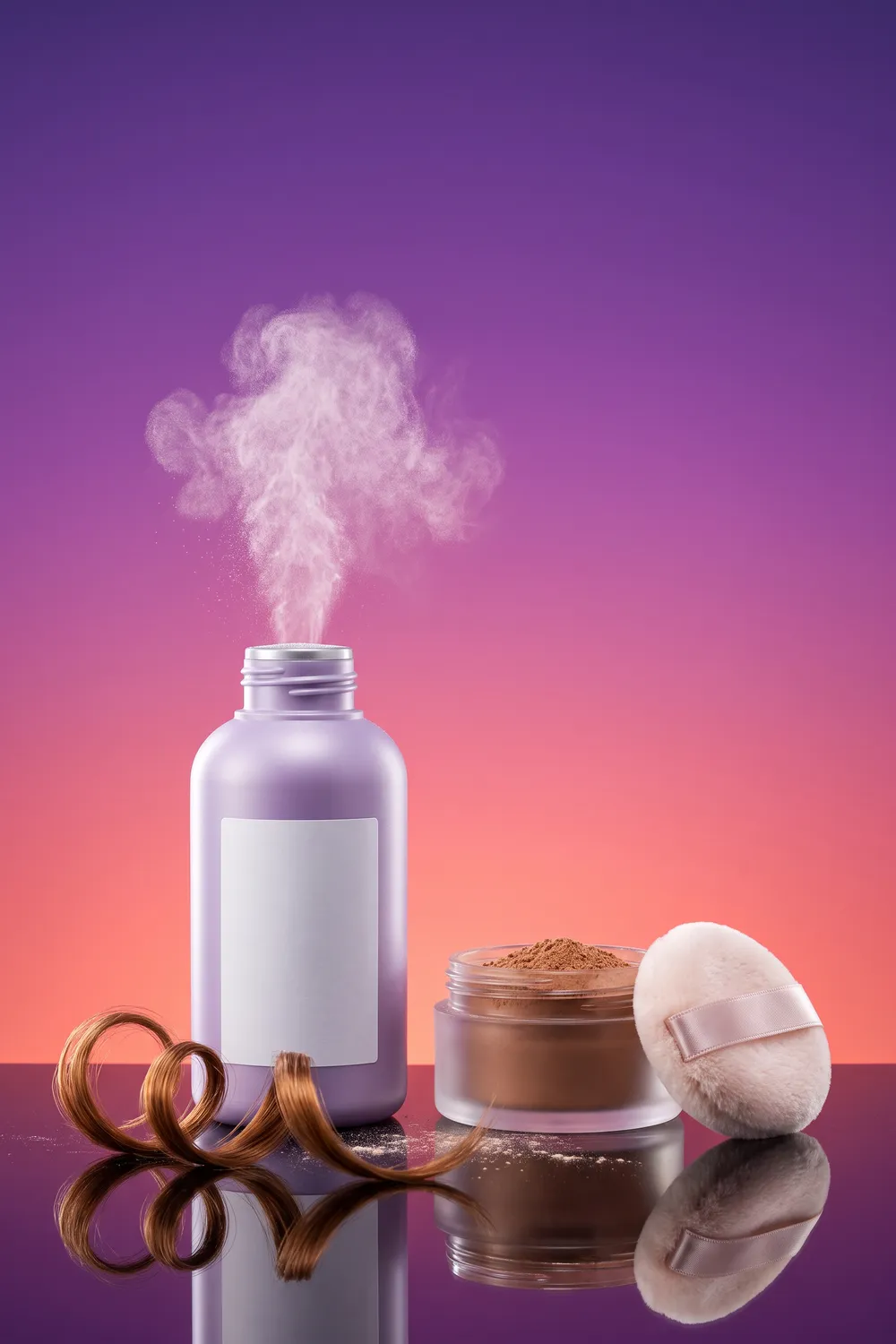 Unbranded squeeze bottles and a shaker jar of dry shampoo powder on a glossy surface against a tangerine and pink backdrop, with a cloud of fine white powder and a wide-tooth comb in mid-air