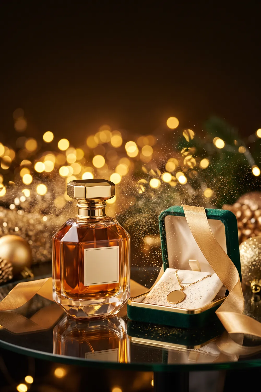 An unbranded faceted crystal perfume bottle with a gold cap, a matching travel spray and a body lotion in an open midnight blue satin-lined gift box, with gold ribbon, pine and a fine mist of perfume catching the light
