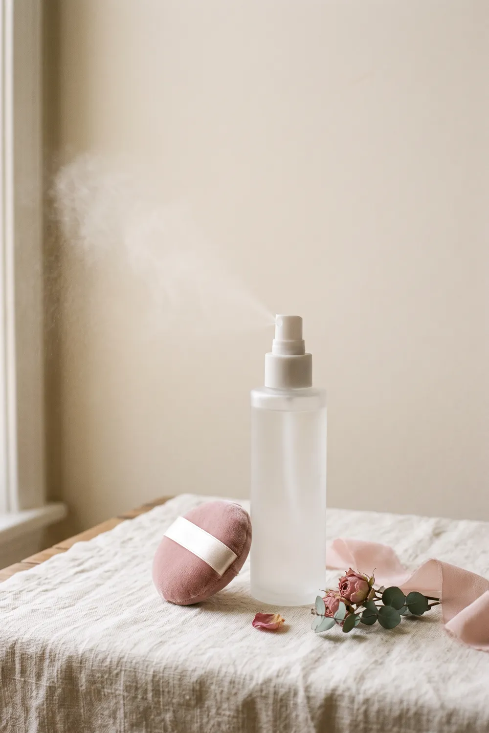 Six unbranded setting spray bottles in glass, frosted and metal finishes on ivory linen with a fine mist catching soft morning light