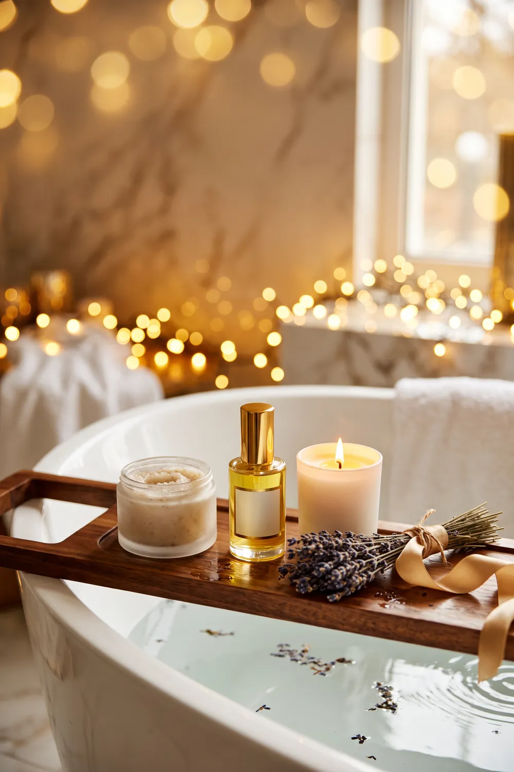 An unbranded spa gift basket on a woven tray with a rolled white towel, a bath bomb, a frosted body scrub jar, a body oil with a gold cap, a candle in a ceramic pot, dried lavender and eucalyptus, tied with cream ribbon in warm golden light