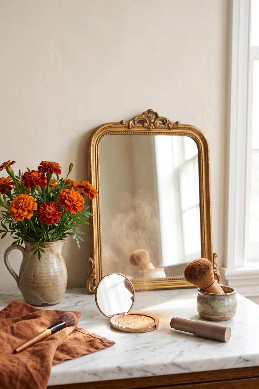 An open compact of warm matte bronzer beside a cool taupe cream contour stick, a fluffy bronzer brush and a small angled contour brush on a terracotta tiled dressing table