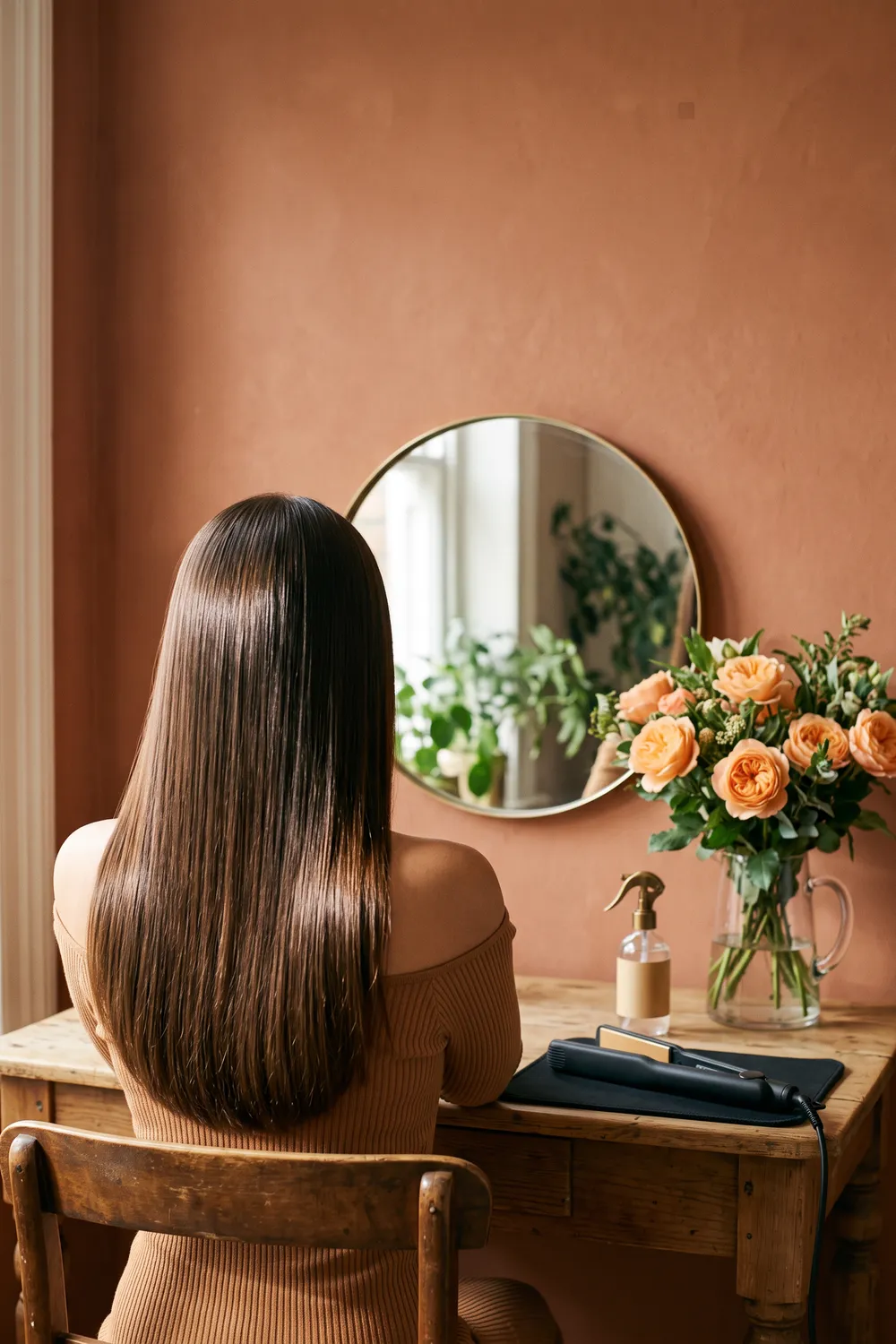 Two unbranded flat irons side by side on a white marble vanity, one with cream ceramic plates and one with brushed silver titanium plates, beside a comb and spray bottle in morning light