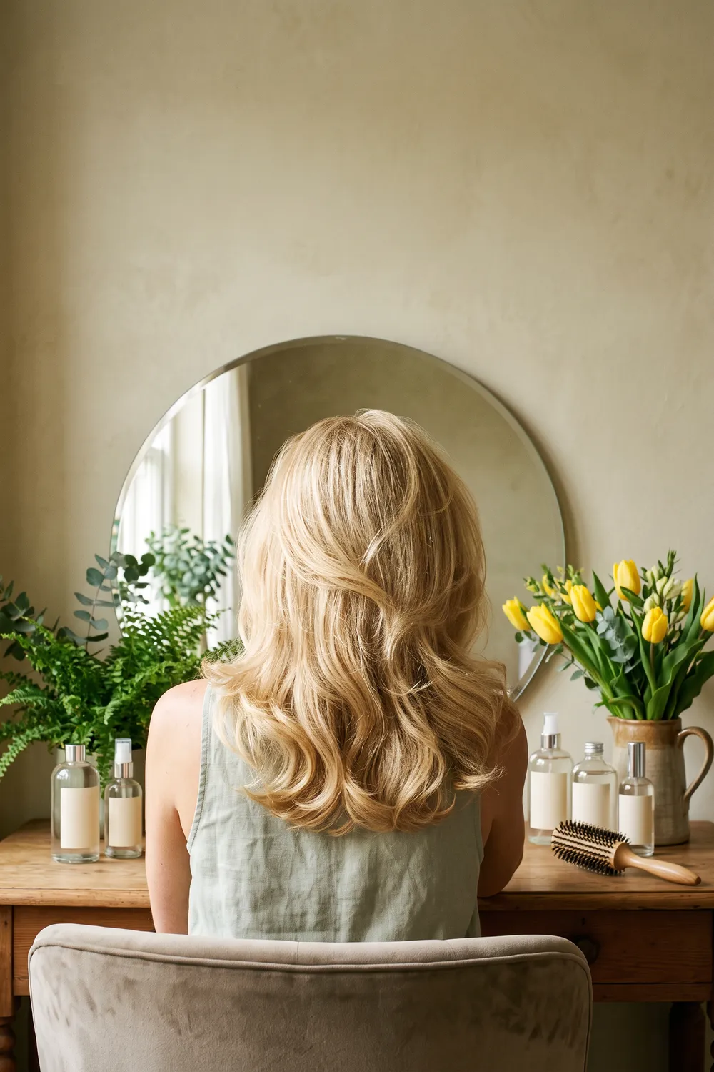 Unbranded mousse and spray bottles with a round brush on a green terrazzo bathroom counter in soft morning window light