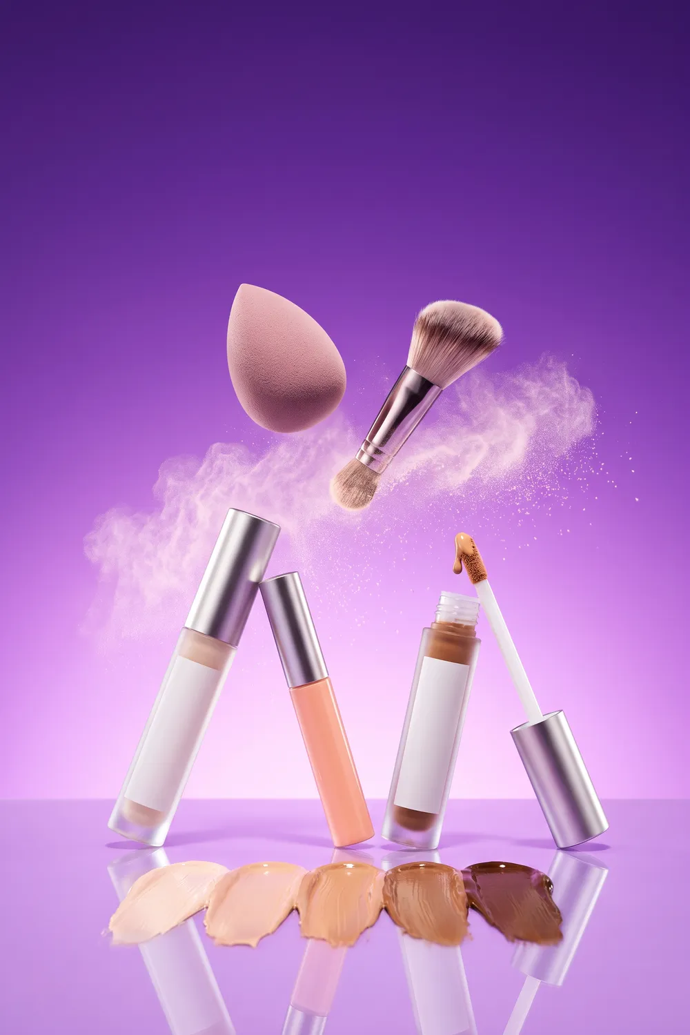 Unbranded liquid concealer wands and swatches in several skin tones on a glossy surface against a bright tangerine backdrop