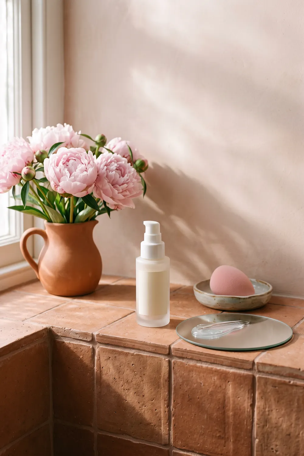 Unbranded glass primer bottles and a dab of clear gel on a ceramic dish on a sage green vanity in soft window light