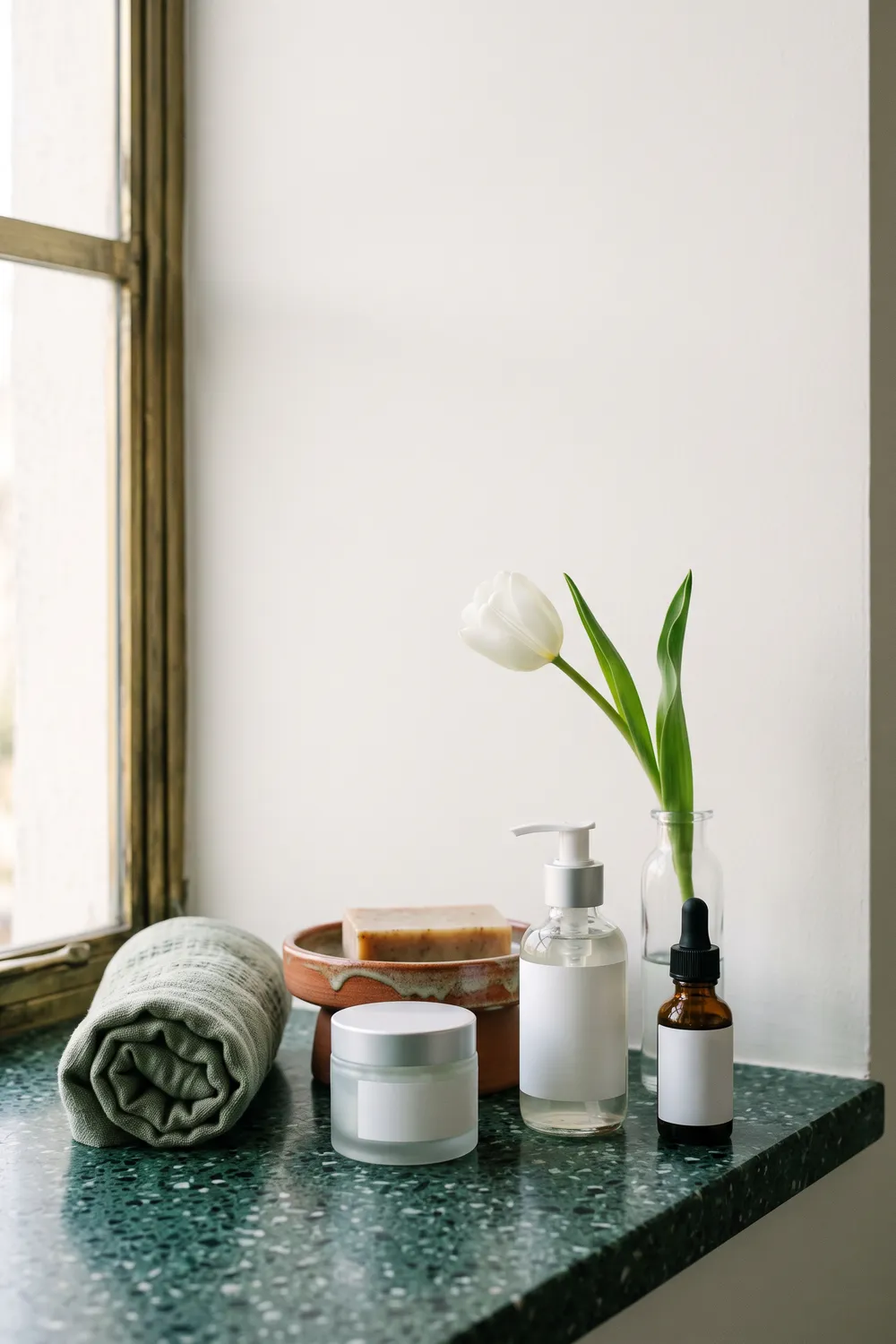 A gel cleanser, a small jar of gel moisturizer and a glass bottle of exfoliant on a sage-green marble bathroom counter in soft morning window light, with a folded linen towel and a ceramic dish