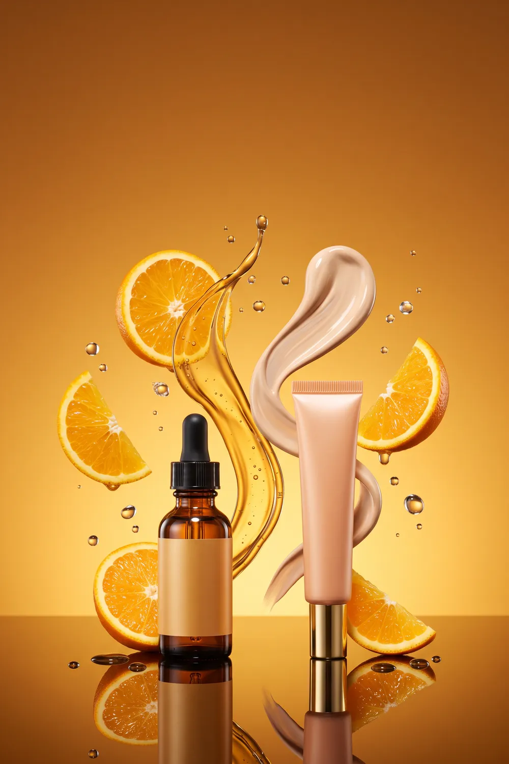 Unbranded amber glass serum bottle with a dropper, a dewy drop of tinted sunscreen and halved oranges on a glossy surface against a tangerine-to-peach backdrop