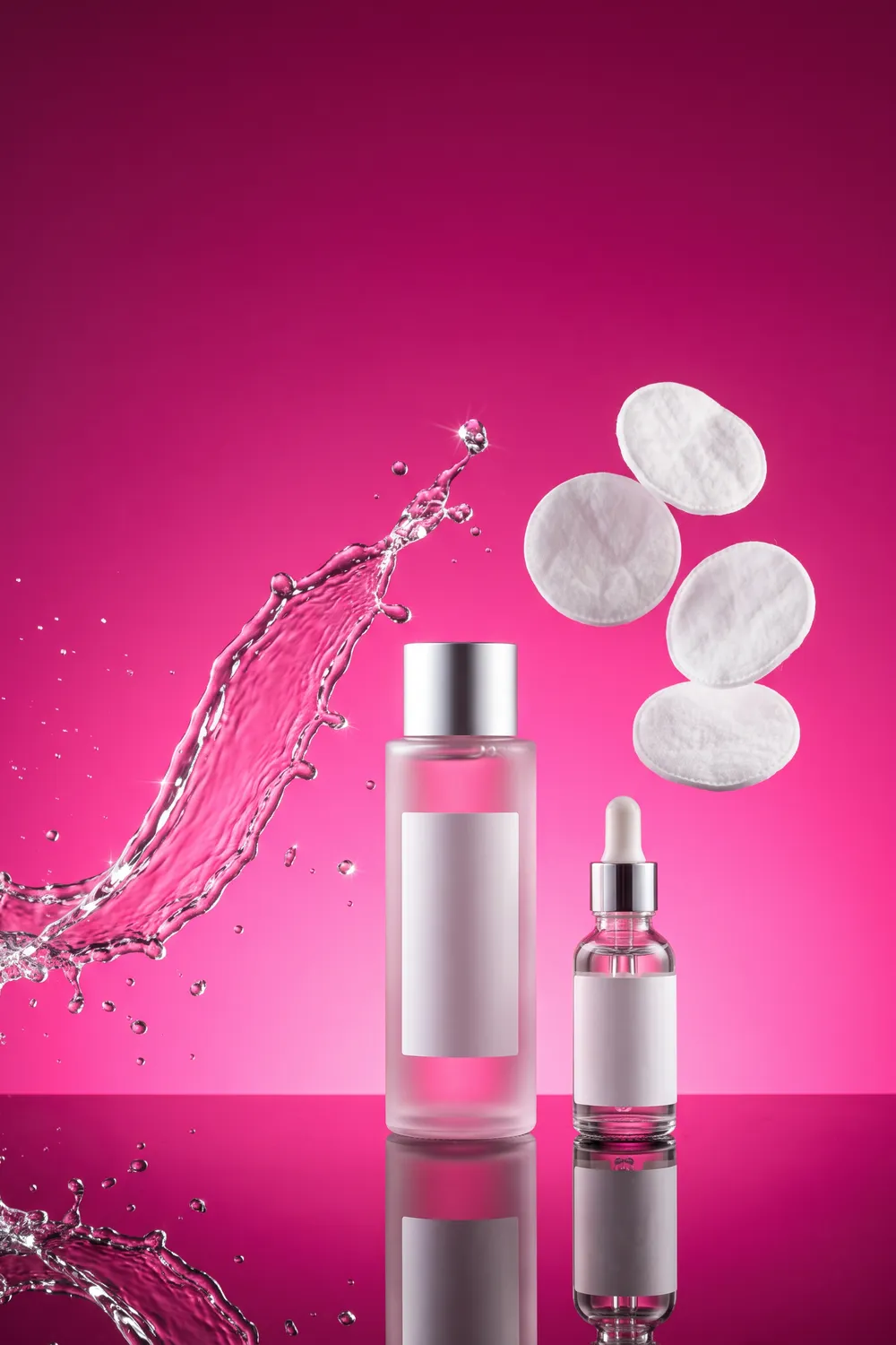 Unbranded frosted glass toner bottles and a dropper of clear serum on a glossy surface against a bright teal backdrop, with droplets in mid-air