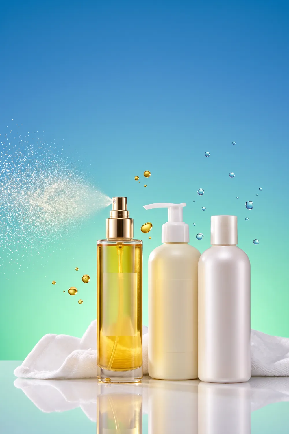 Unbranded body wash, body oil and lotion bottles on a glossy surface against a bright turquoise backdrop, with a golden oil splash and water droplets