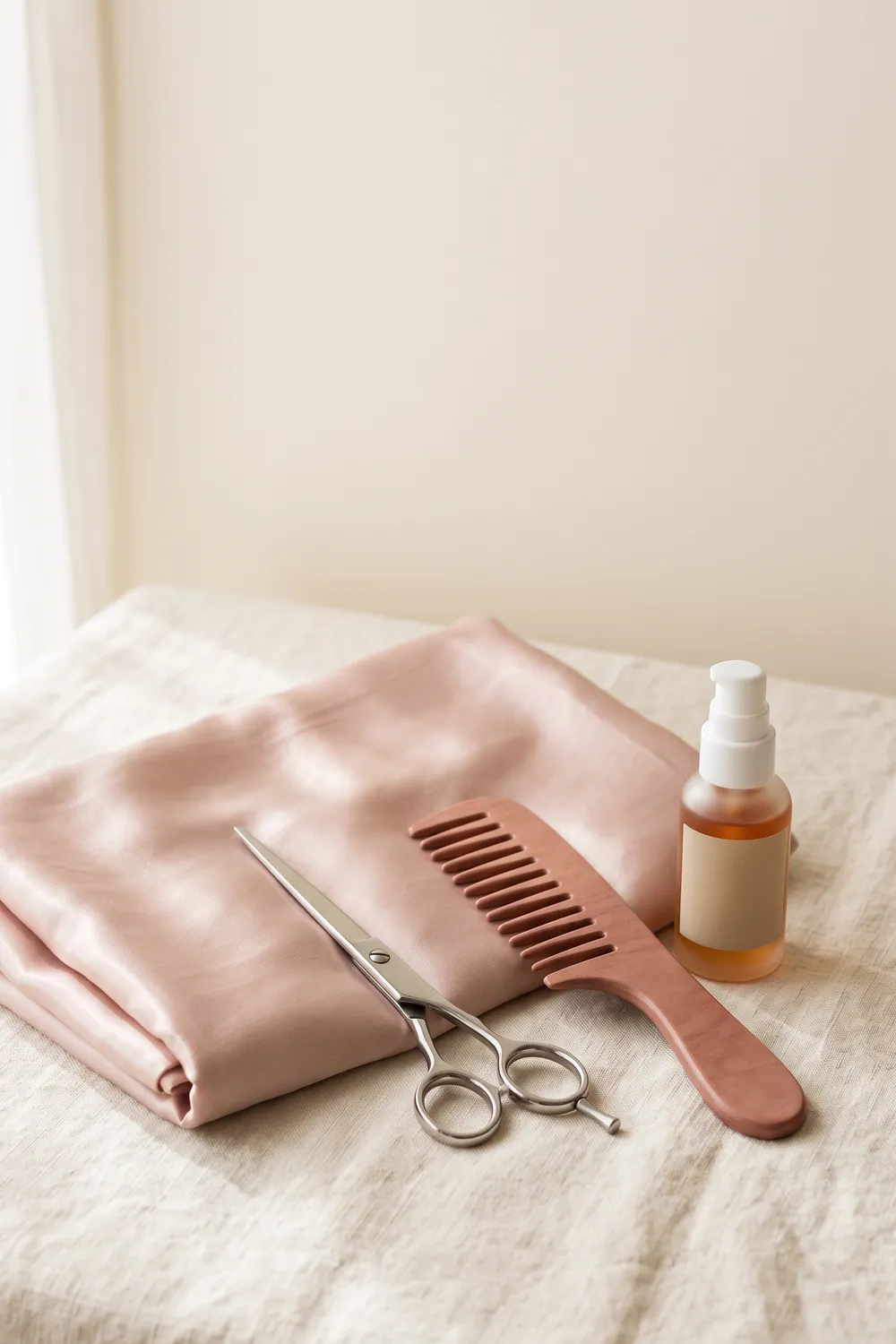 Hair-cutting shears beside a small curl of snipped hair ends, a wide-tooth comb, an unlabeled dropper bottle and a satin pillowcase on ivory linen