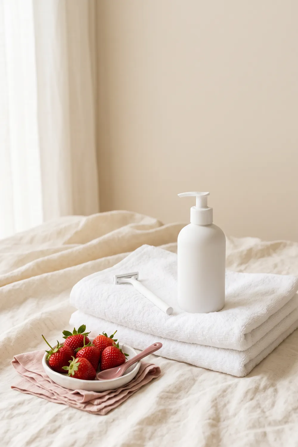An unbranded body lotion pump bottle, an open tub of grainy body scrub, a natural loofah, a white washcloth and a razor on ivory linen