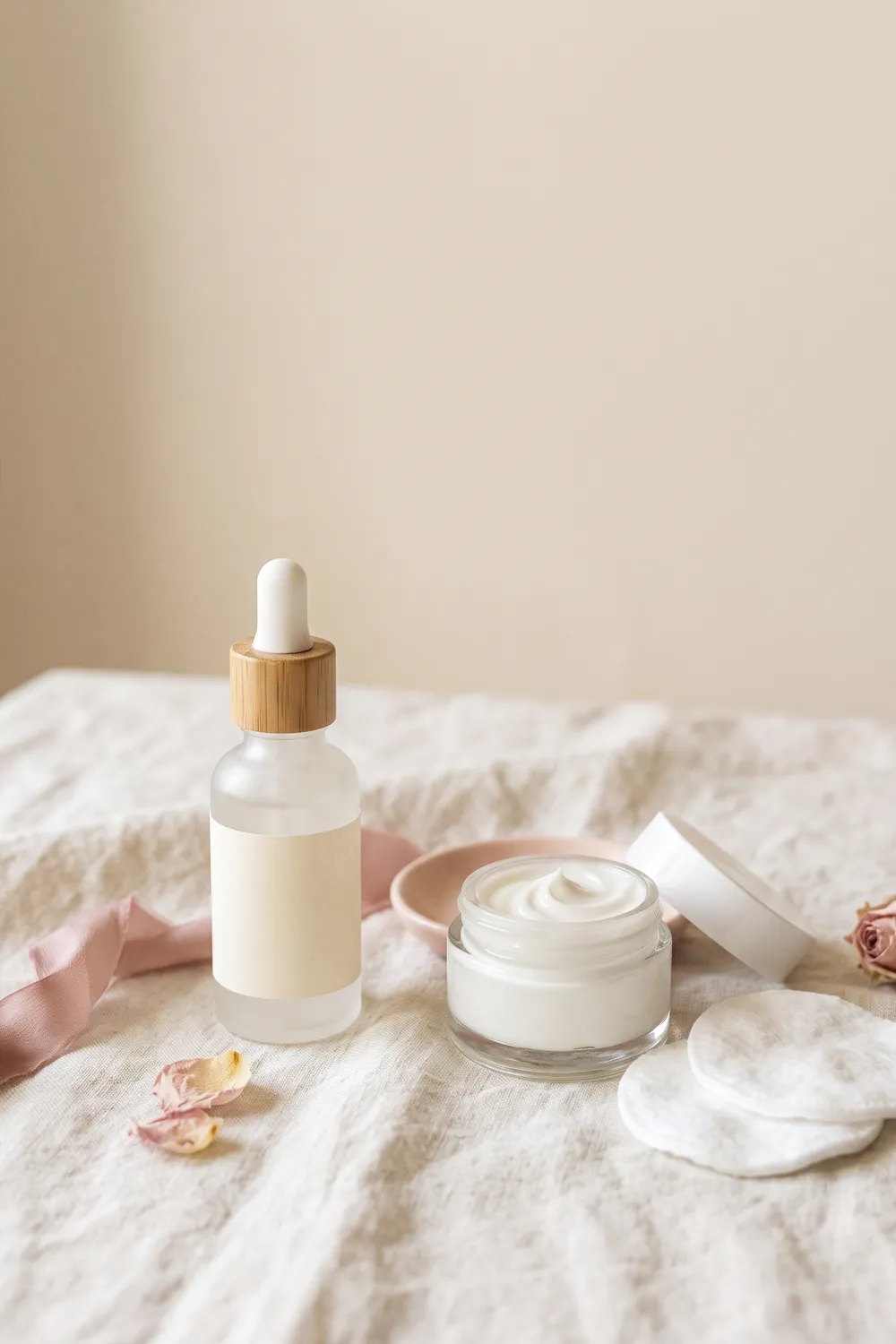Unbranded gel cleanser, liquid exfoliant with cotton pads, dropper serum and lotion pump arranged on ivory linen