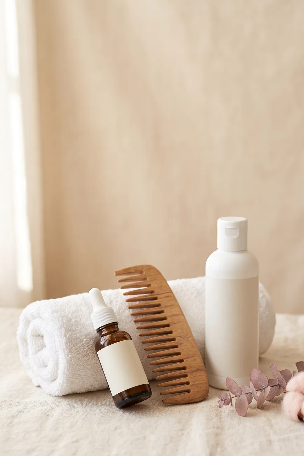 An unbranded dropper bottle of milky serum, a pump bottle of shampoo and a wooden wide-tooth comb on ivory linen beside a folded cotton towel