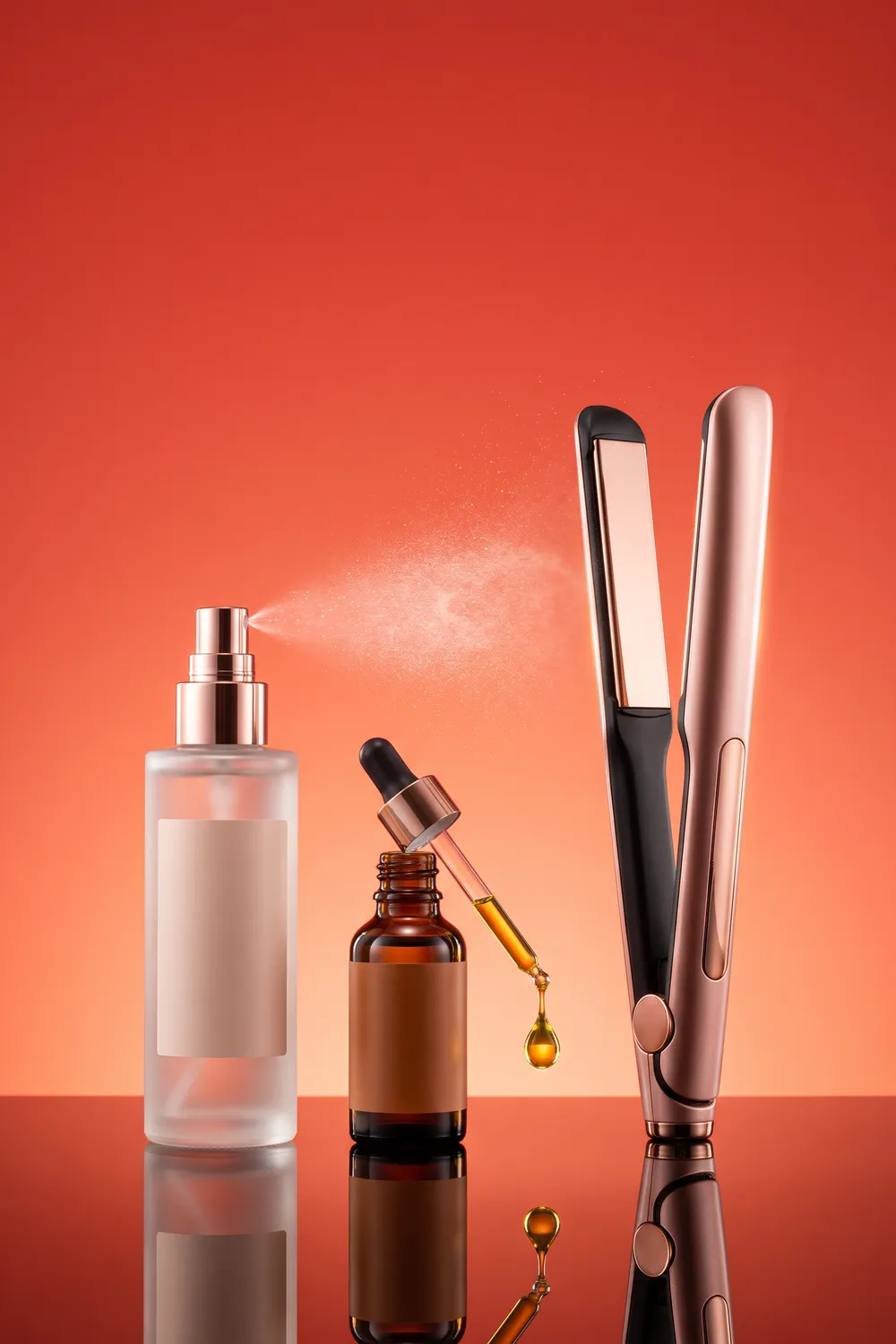 Unbranded heat protectant spray bottles releasing a fine mist beside a sleek flat iron on a glossy surface against a bright cobalt backdrop