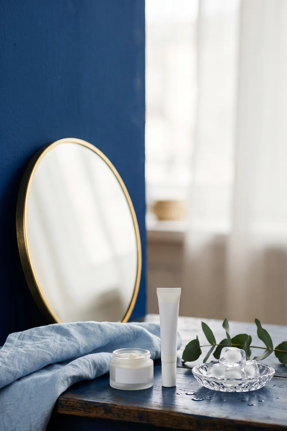 Small eye cream jars and a chilled glass of water with ice on a cobalt-tiled bathroom shelf in early morning window light, beside a folded white washcloth and a sprig of eucalyptus