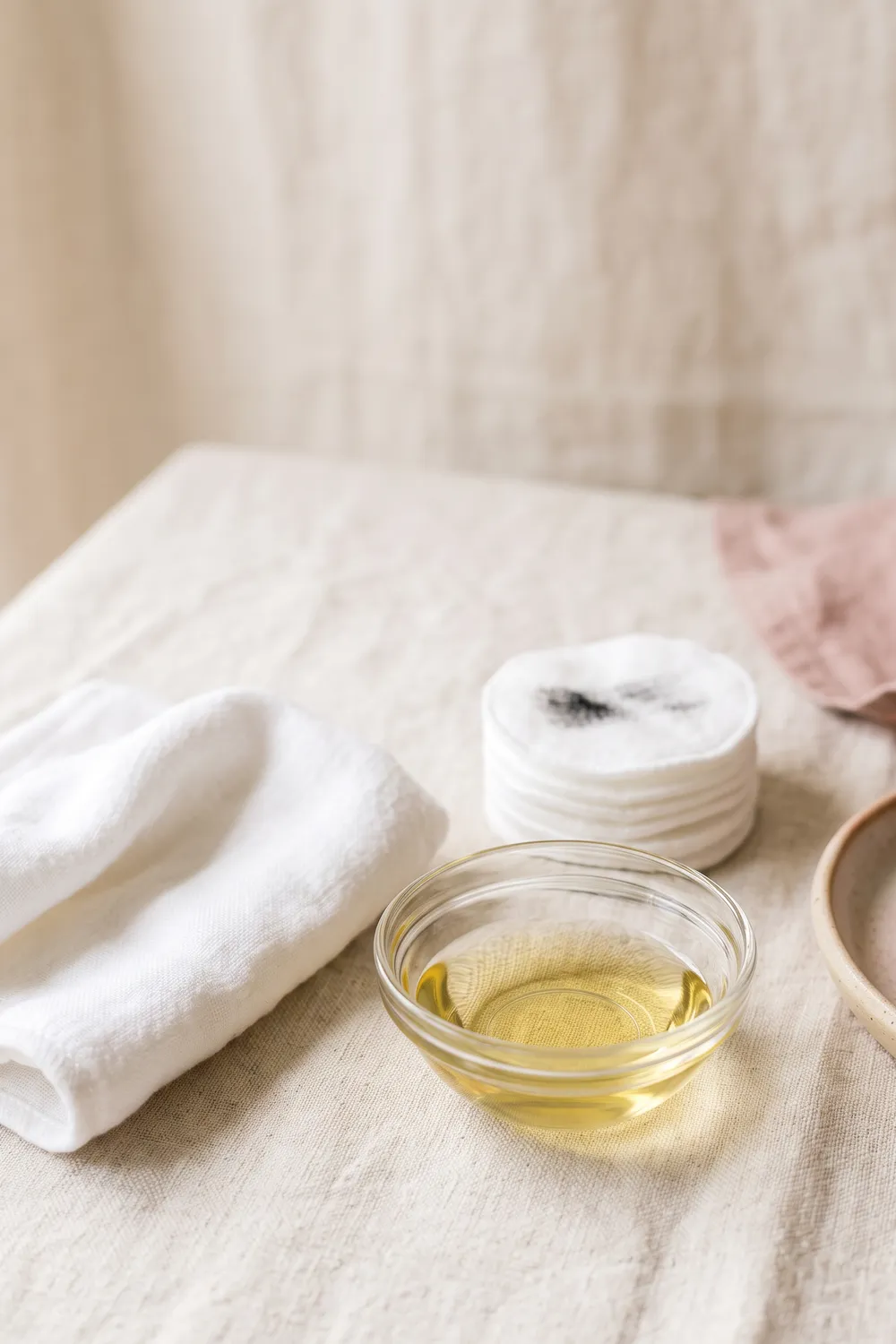 A small tub of clear petroleum jelly, cotton pads, cotton swabs, a folded white washcloth and an unbranded cleanser bottle on ivory linen