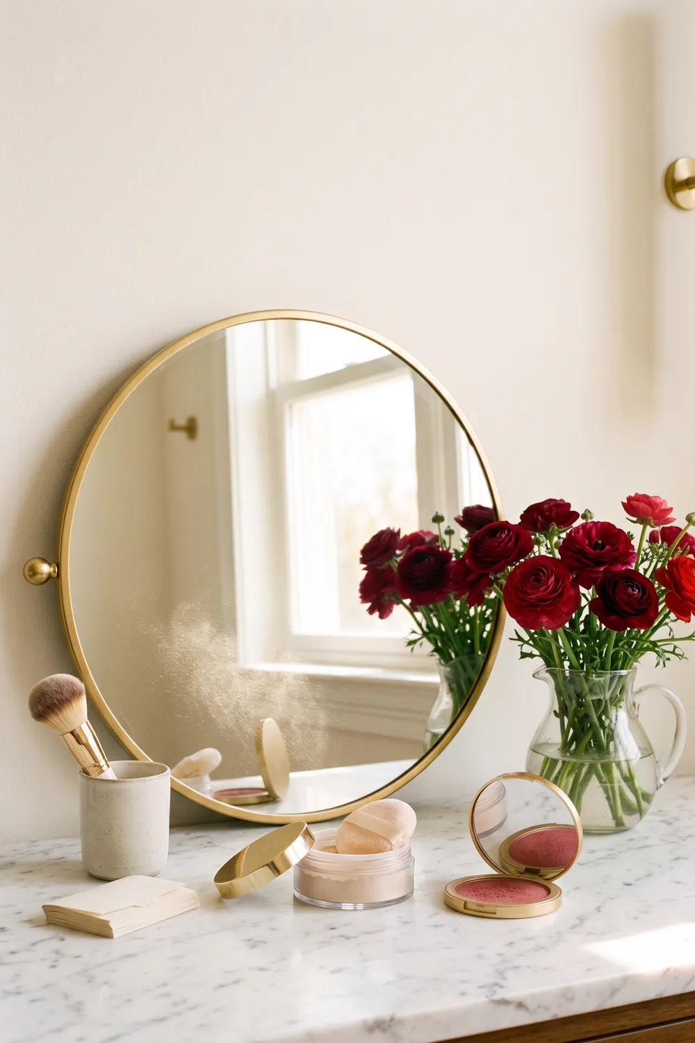 An open jar of loose translucent powder with a velour puff and a fluffy brush on a cobalt tiled dressing table in warm morning light