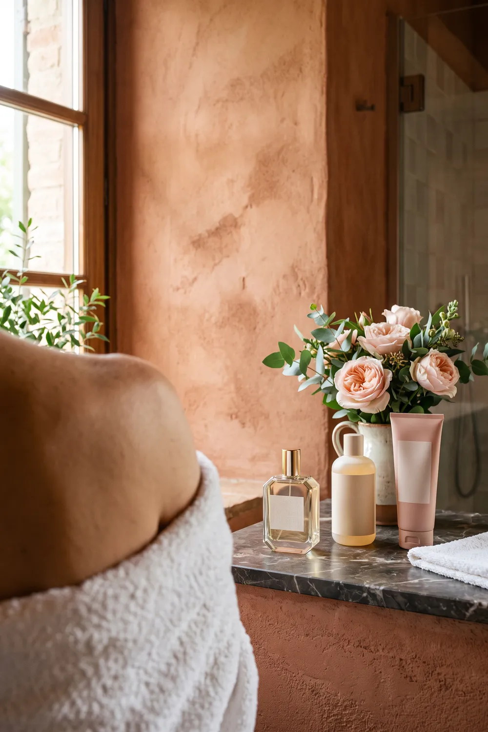 Shower gel, body lotion and a glass perfume bottle on a warm terracotta-tiled bathroom shelf in late morning light, with a rolled white towel, a vase of garden roses and a small brass dish