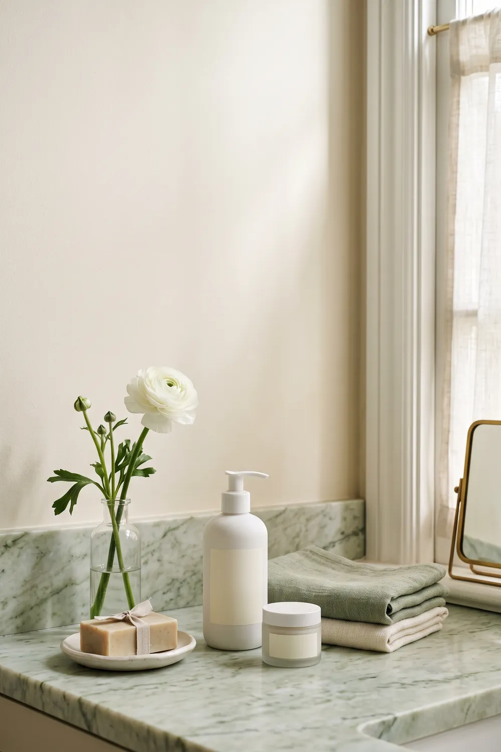 A white ceramic basin of water on a terrazzo bathroom counter in soft morning window light, with an unbranded pump cleanser, a folded towel and a small vase of flowers