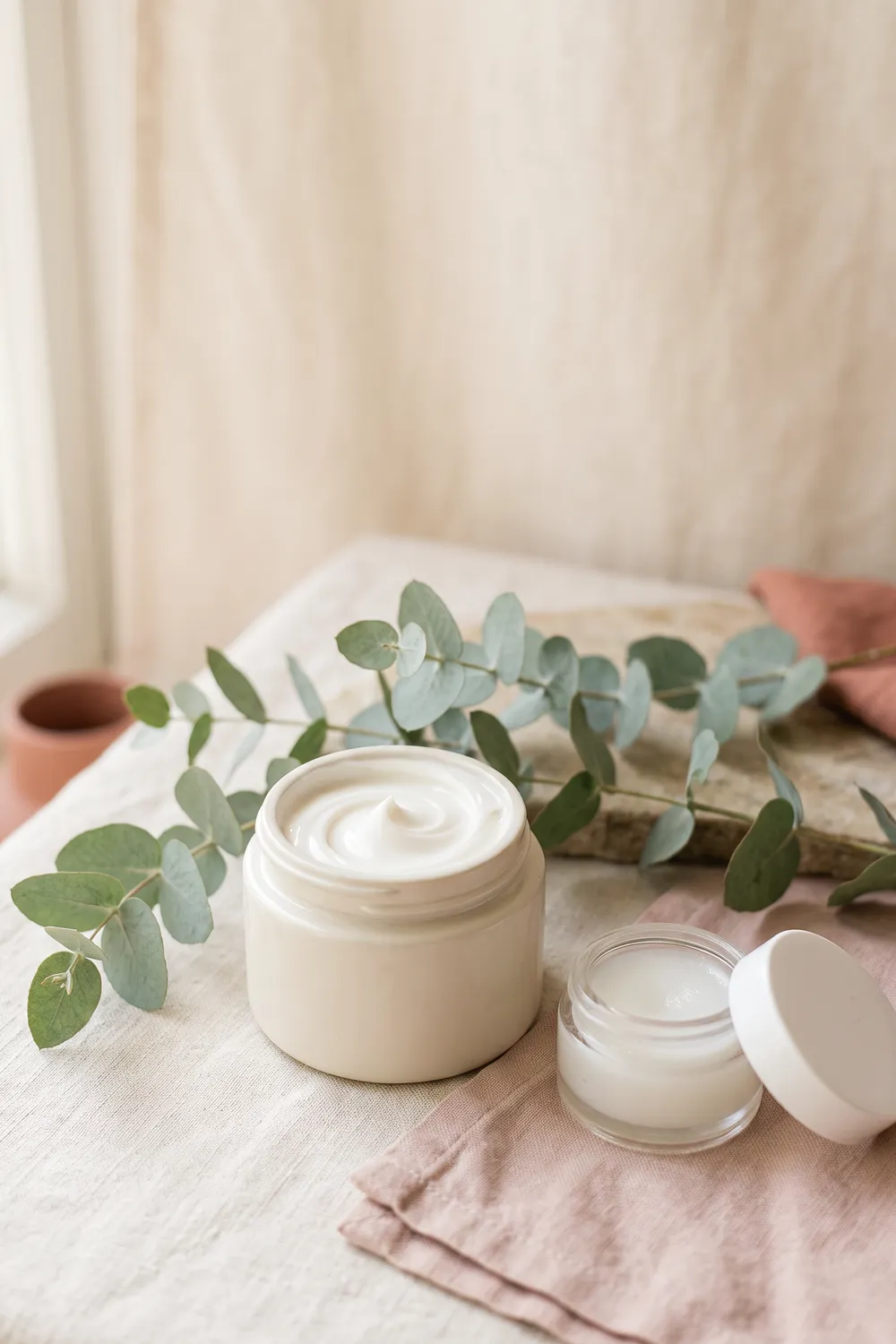 An unbranded pump cleanser, a cream jar and a small tub of clear ointment on warm ivory linen with a folded cotton towel