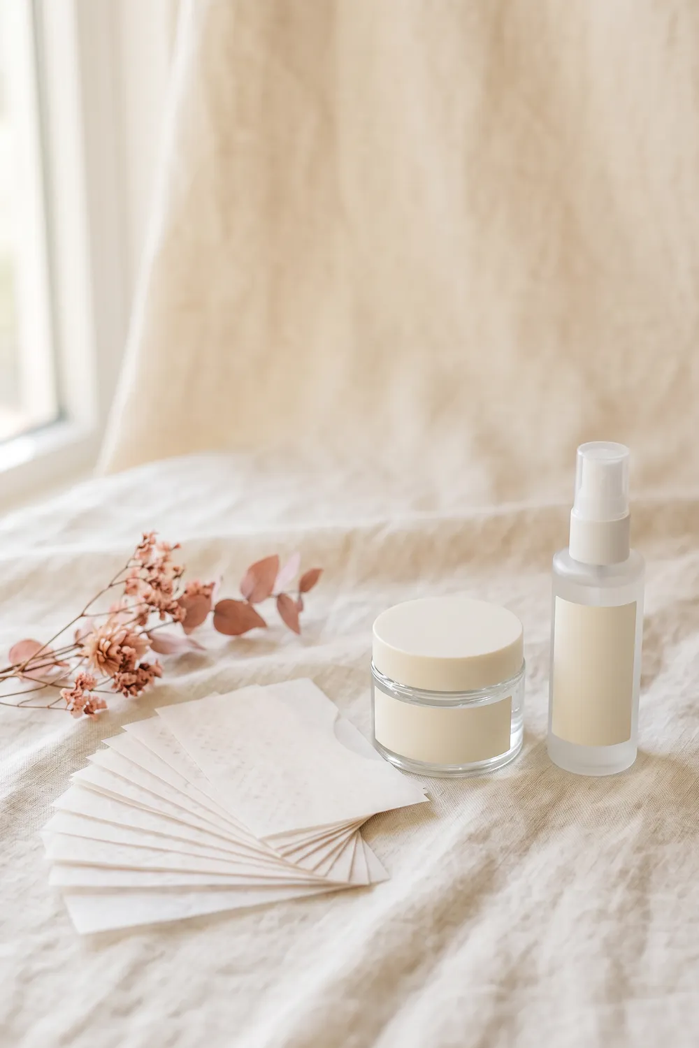 An unbranded foaming cleanser pump, a clear gel moisturizer jar and a fan of translucent blotting sheets on ivory linen